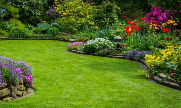 Rasen anlegen und pflegen perfekt umgesetzt, ein Beet mit bunten Blüten auf der rechten Seite und eins auf der linken Seite, beides ist mit einer Rasenkante eingefasst